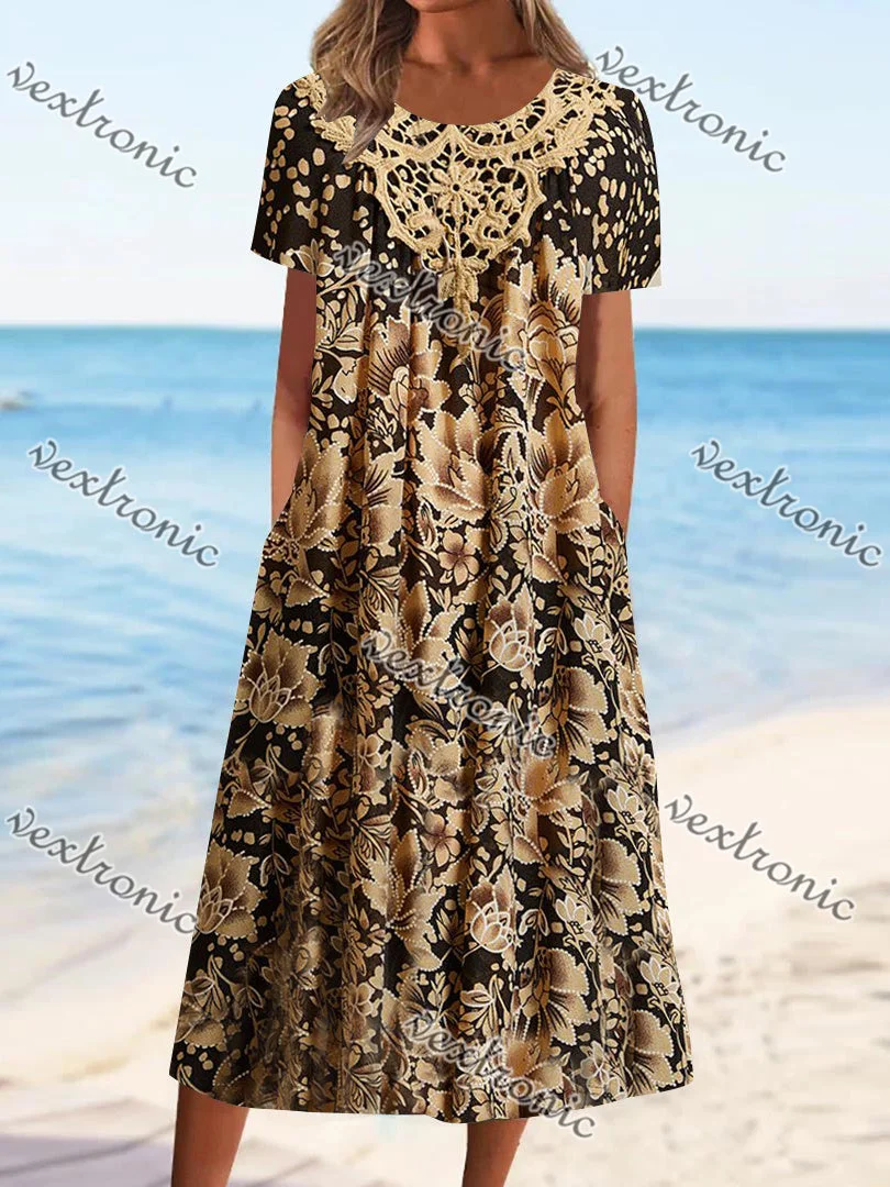 Women's Gold Scoop Neck Short Sleeve Printed Midi Dress