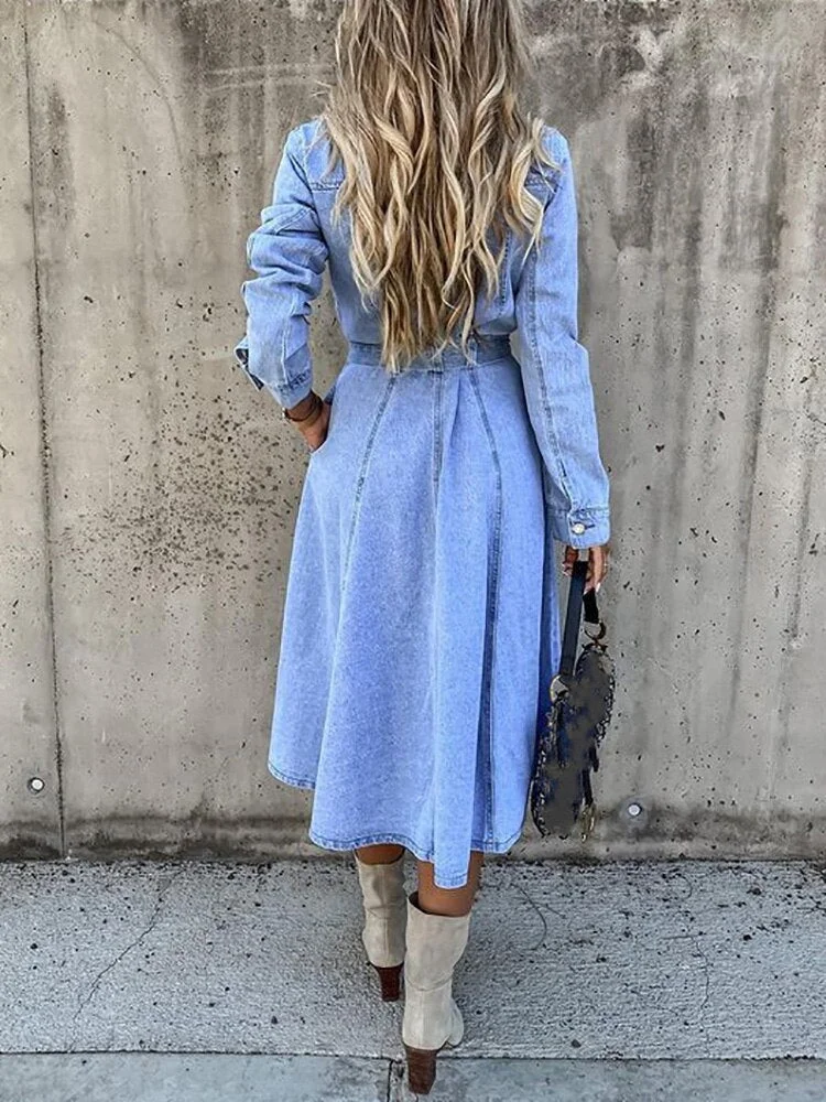 Vintage Denim Mini Dress Women Long Sleeve Turn Down Collar Button Tied Pencil Dress Female Spring Summer Slim Fit Jeans Dresses