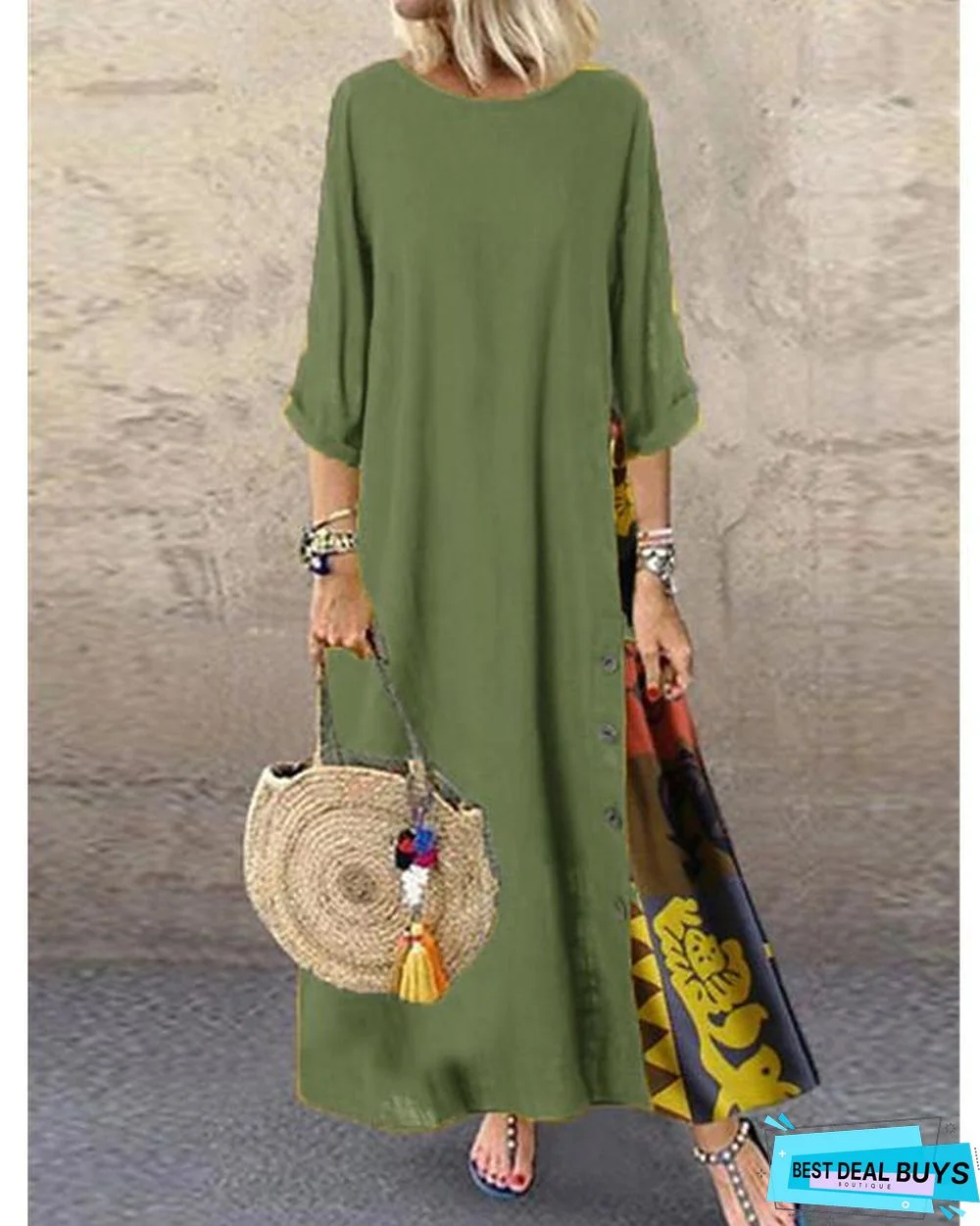 Women's Swing Dress Maxi Long Dress - 3/4 Length Sleeve Print Spring & Summer Hot Casual Holiday Vacation Dresses Loose Red Yellow Wine Army Green Navy Blue Gray L