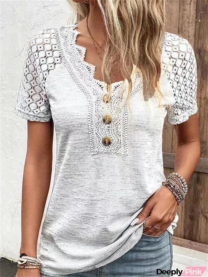 Women’s Vintage Lace V Neck Hollow Out Short Sleeve Fit T-shirt
