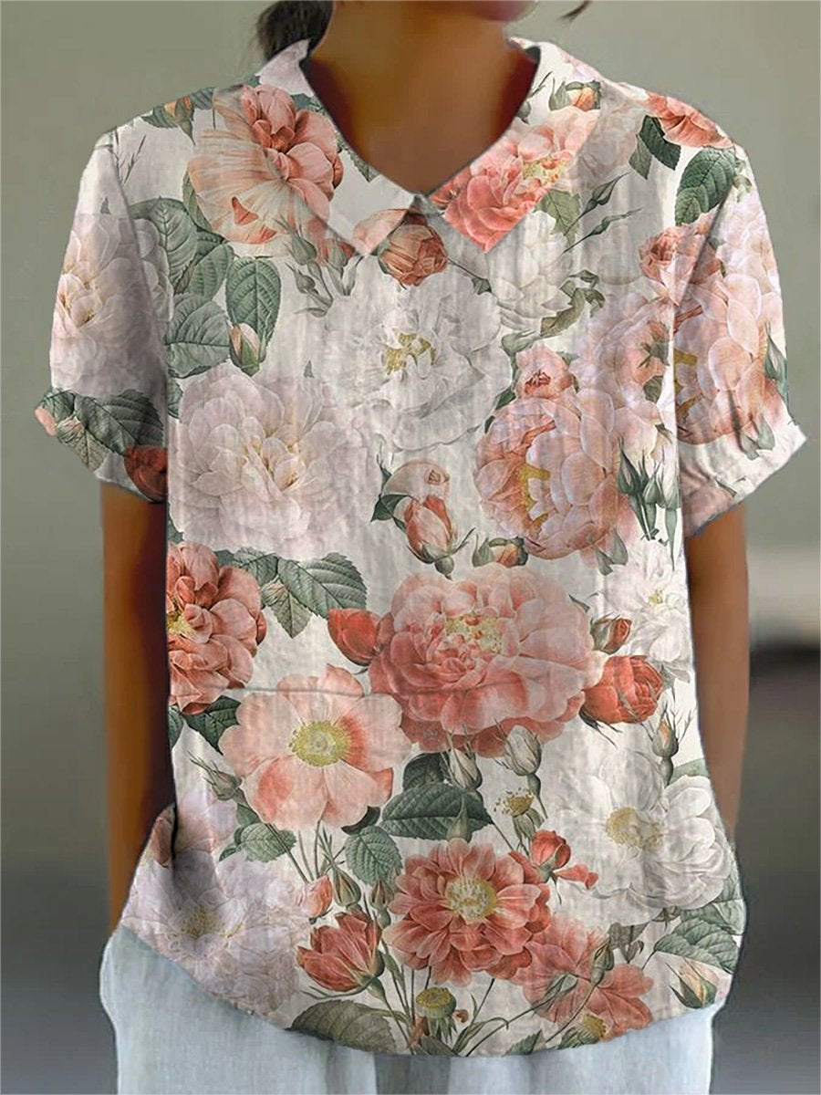 Vintage Style Peony And Mixed Floral Art Printed Women's Casual Cotton And Linen Shirt