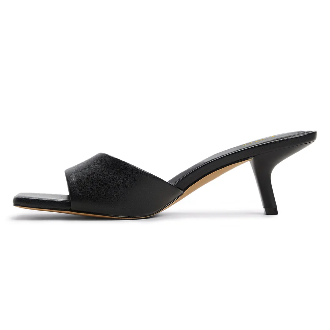 Black Vegan Leather Open Square Toe Chunky Heel Mules Sandals