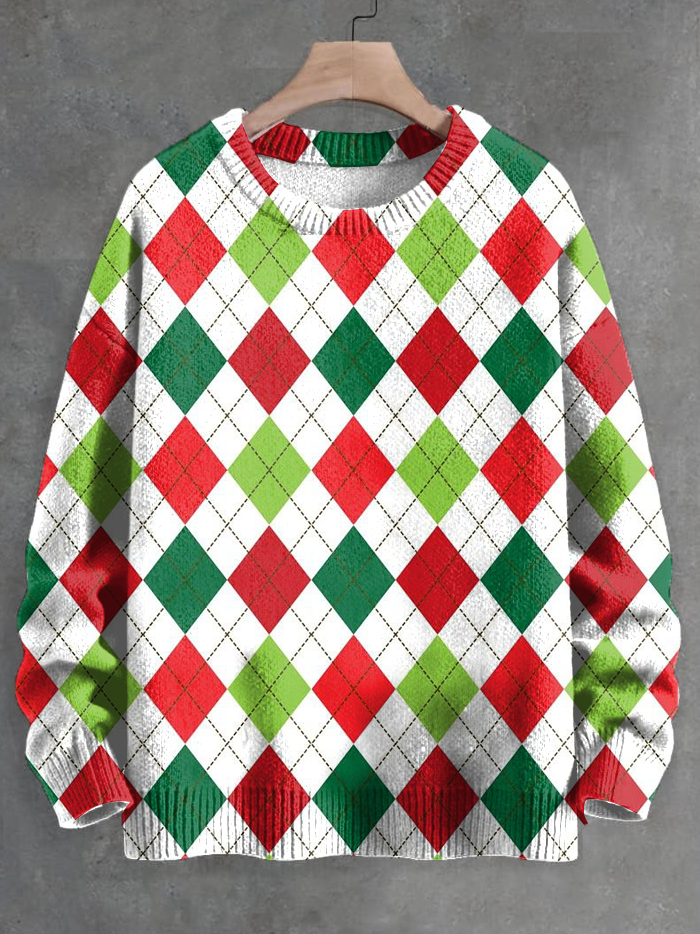 Men's Christmas Argyle Pattern Contrast Color Print Knit Sweatshirt