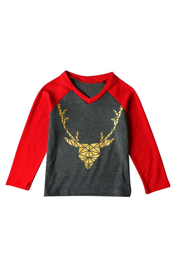 Long Sleeve Color Block Reindeer Print Kids Boys Christmas T Shirt Red-elleschic