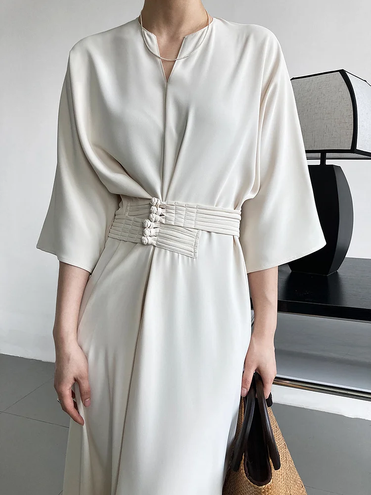 Elegant Solid Color Long Sleeve Midi Dress