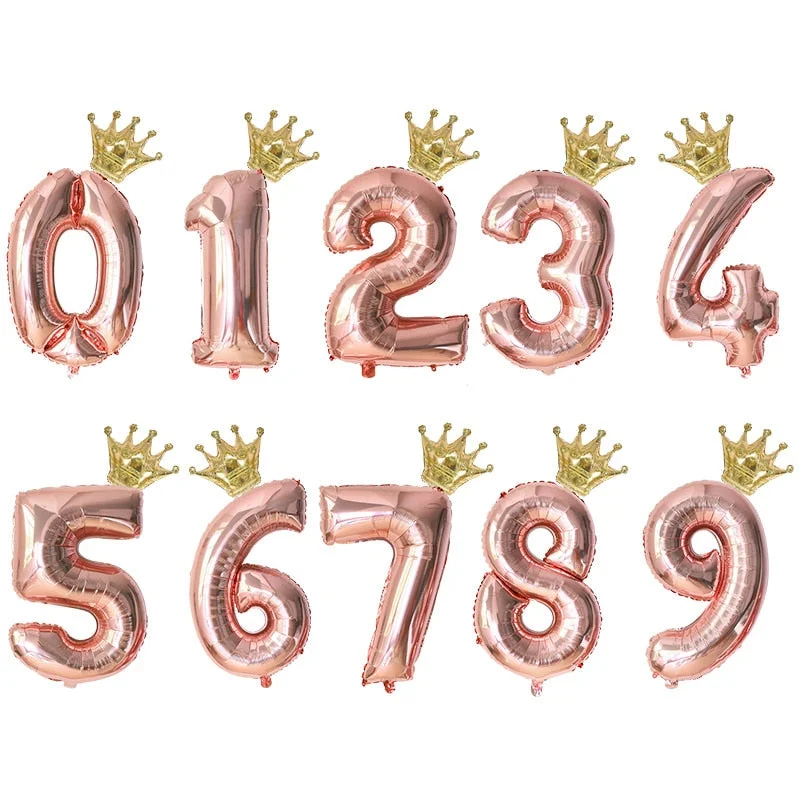 2pcs 32inch Rainbow Number Foil Balloons with Crown for Kids Boy Girl 1st Birthday Party Decorations Rose Gold Figures Globos