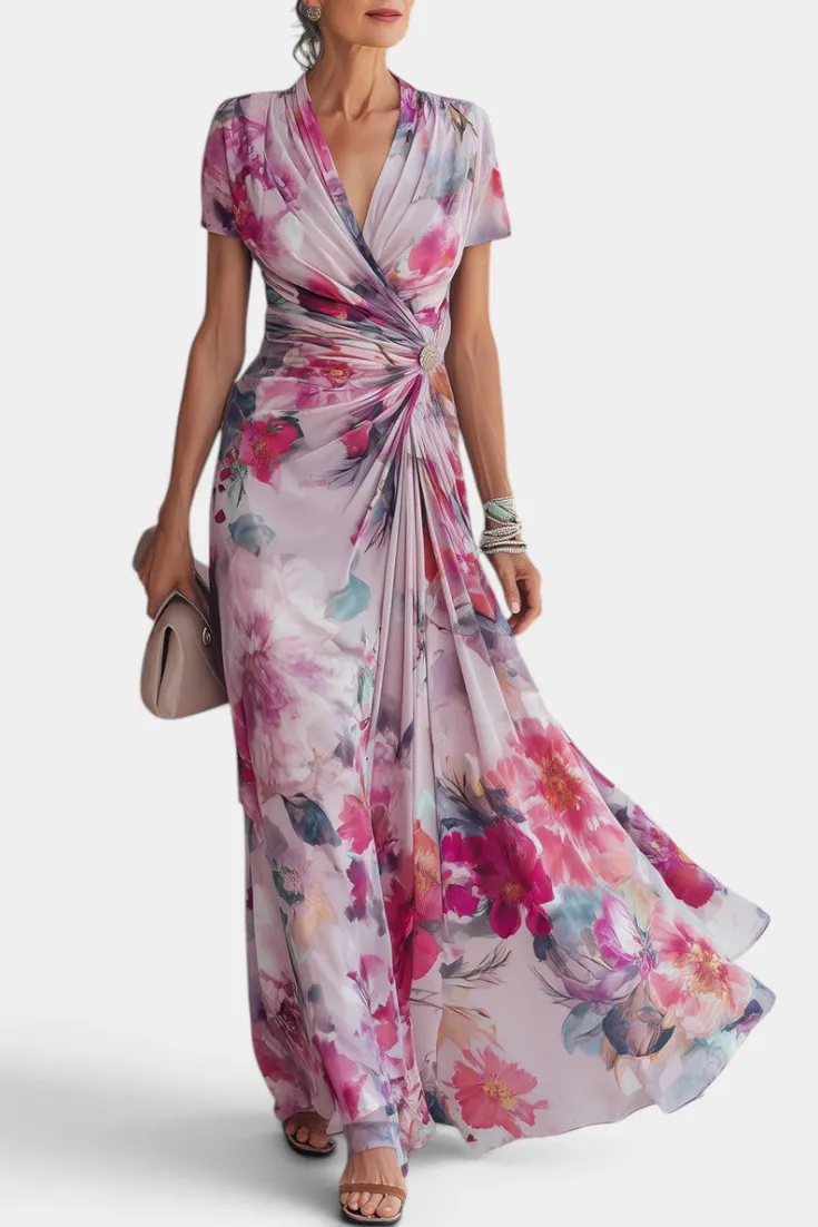 Floral Wrap Maxi Dress with V-Neck Draping
