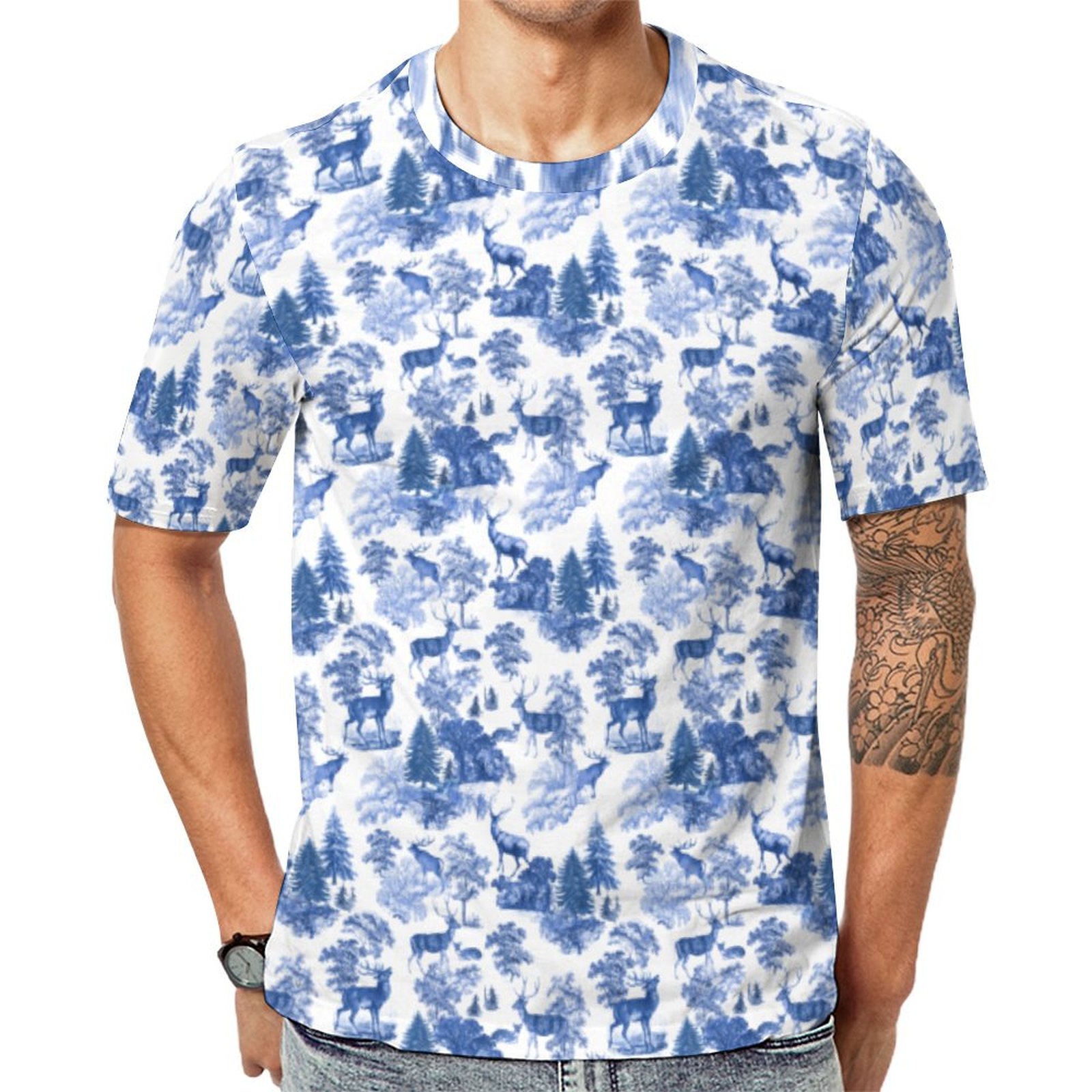 Cool Elegant Blue Deer French Toile Short Sleeve Print Unisex Tshirt Summer Casual Tees for Men and Women Coolcoshirts