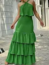 Halterneck Falbala Solid Color Casual Maxi Dress