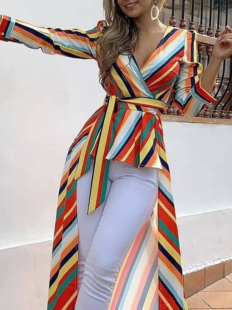 UForever21  Women Fashion Elegant Office Workwear Asymmetrical Long Blouse Female Casual Top Striped Tied Front Dip Hem Shirt