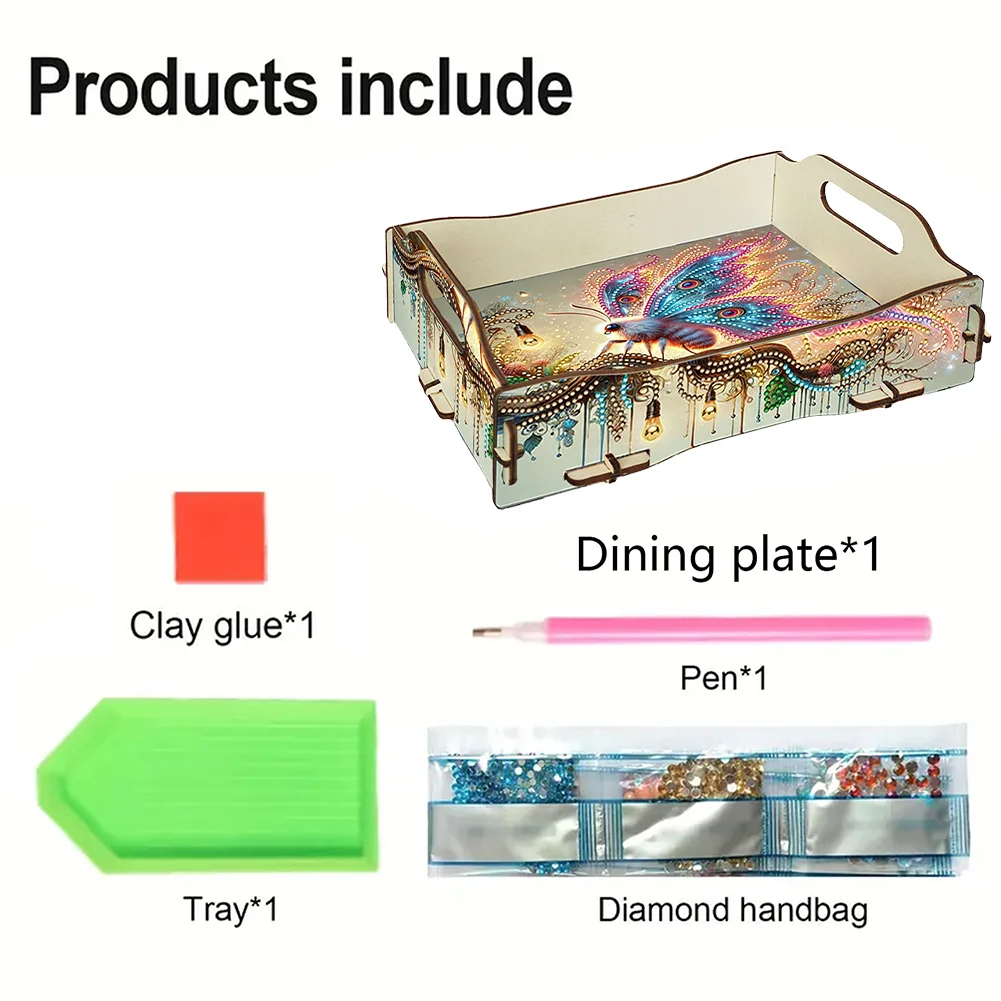 5D DIY Insect Diamond Painting Wooden Serving Tray with Handle for Coffee Table