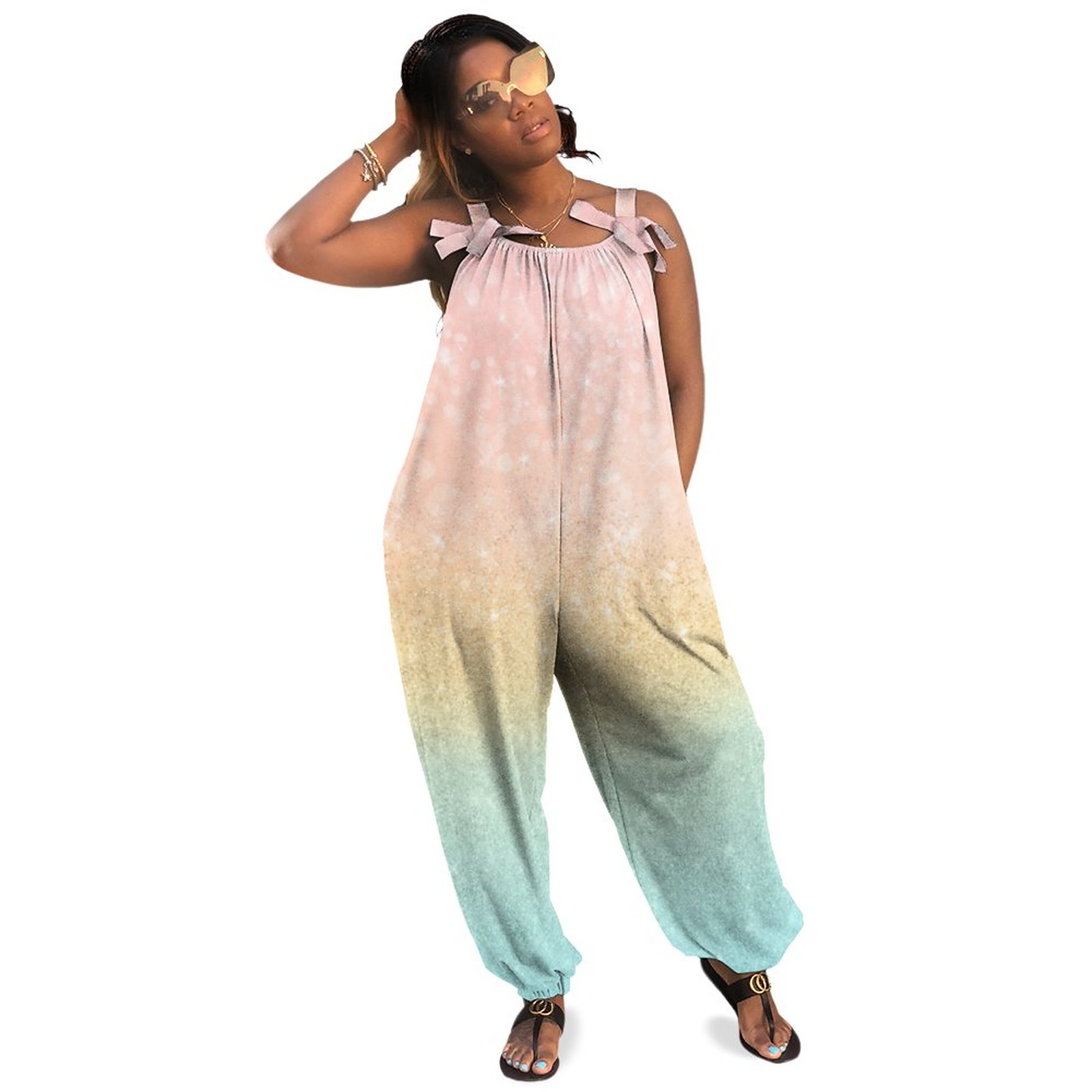 Pink Gold Mint Glitter Ombre Luxury Design Boho Vintage Loose Overall Corset Jumpsuit Without Top
