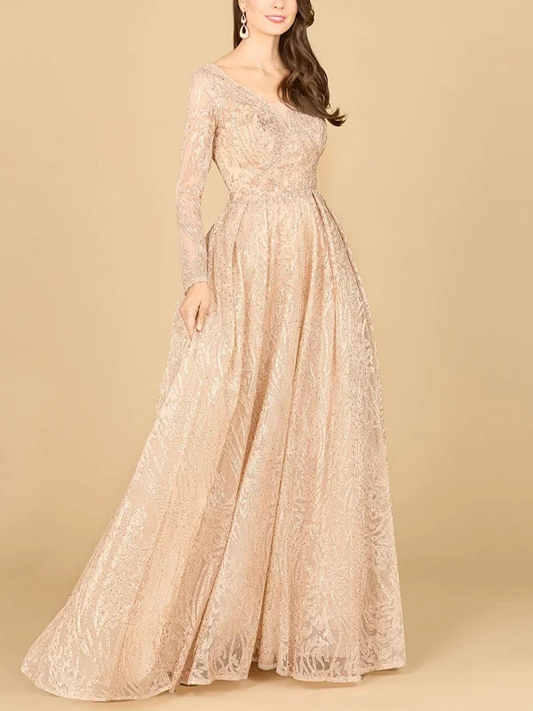 V Neck Long Sleeve Lace Maxi Dress