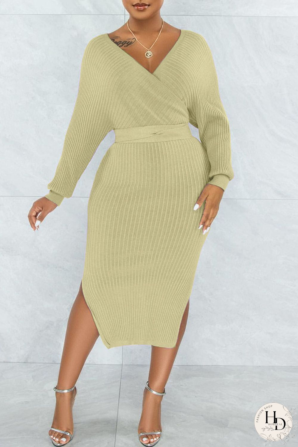 Green Sexy Solid Split Joint Slit With Belt V Neck Pencil Skirt Dresses
