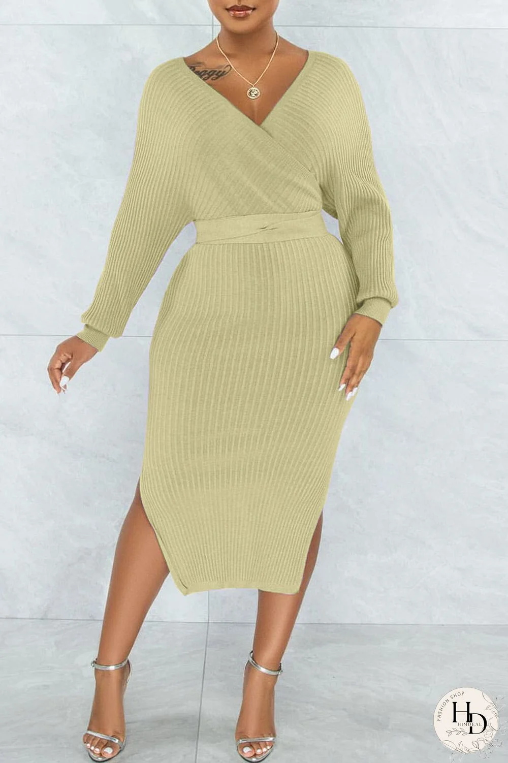 Green Sexy Solid Split Joint Slit With Belt V Neck Pencil Skirt Dresses