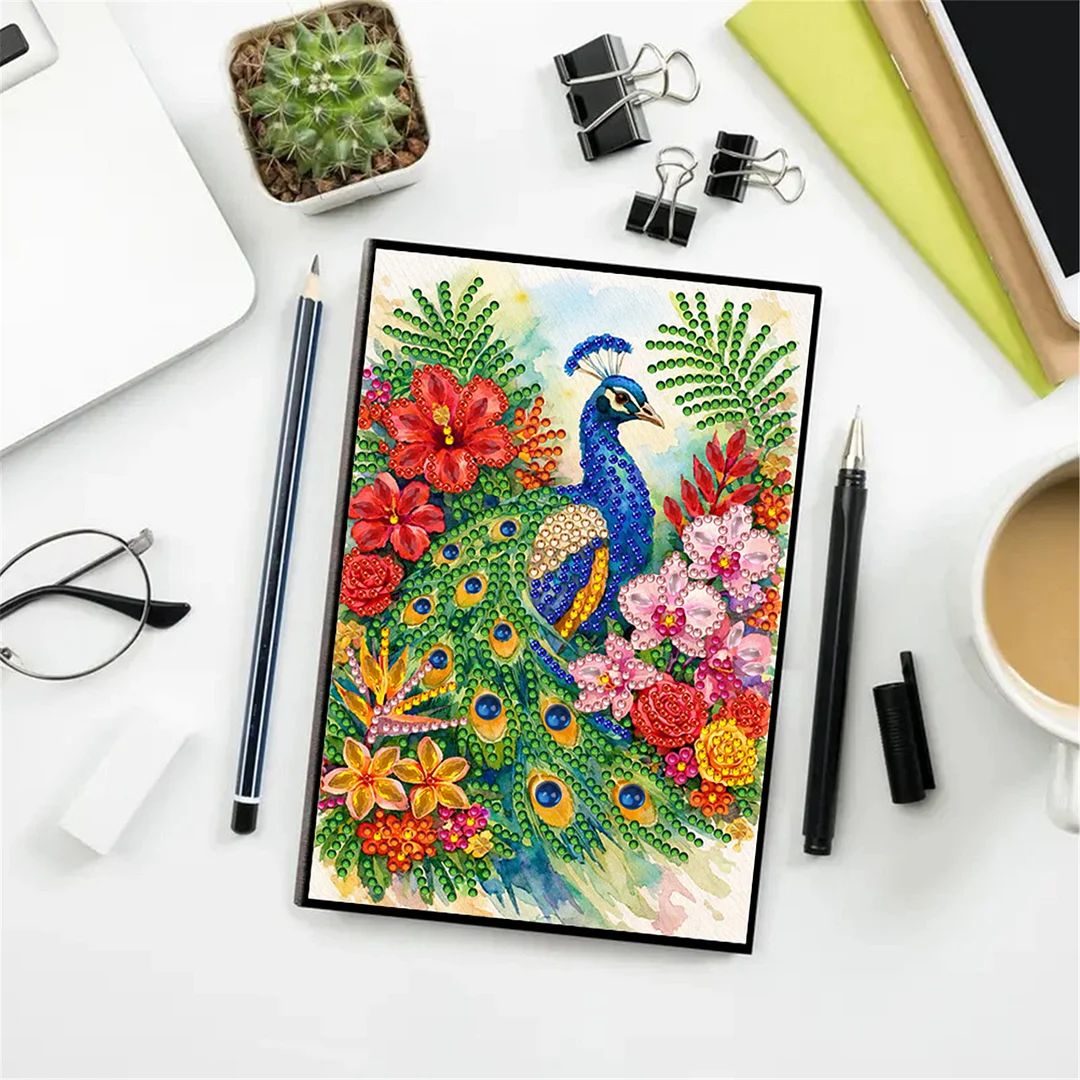 DIY Flower Diamond Painting Journals Notebooks 50 Pages A5 No Lines Special Shaped Diamond Art Kits for Beginners Craft Lovers and Artists (Peacock and Flowers)