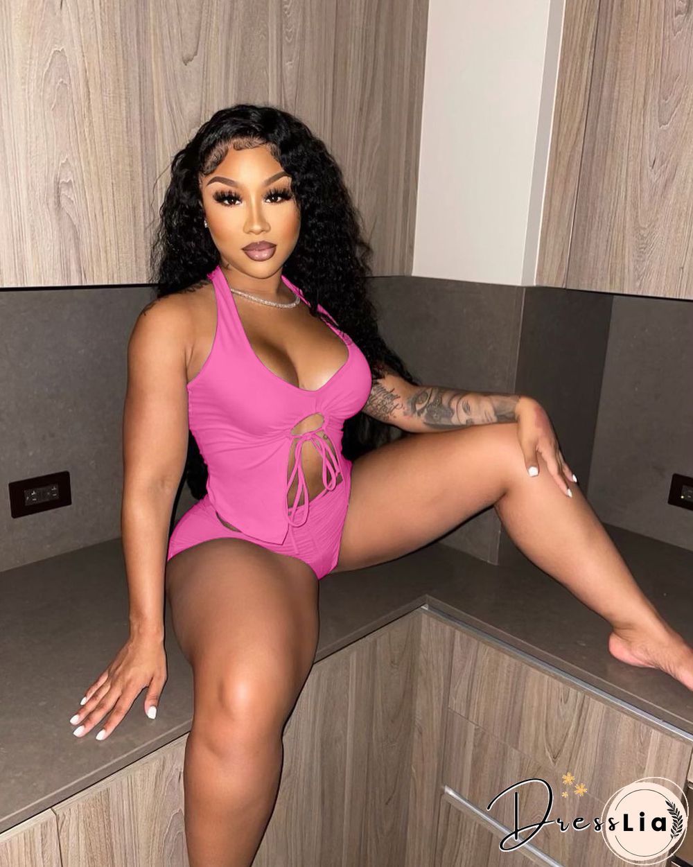 Summer Women Sexy Solid Color Irregular Hollow Out Sleeveless Halter Top Skinny Shorts Two Piece Suit