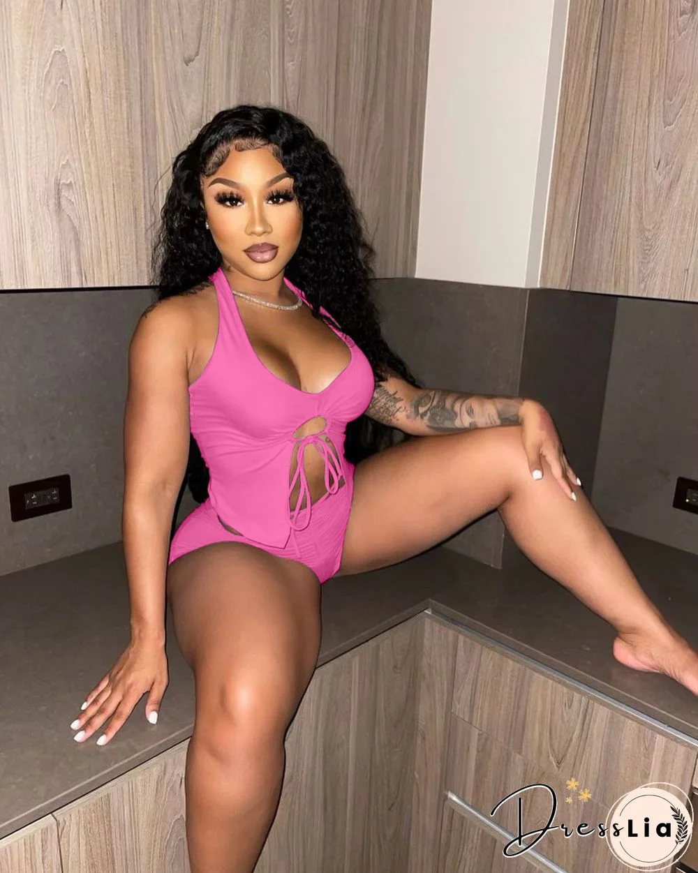 Summer Women Sexy Solid Color Irregular Hollow Out Sleeveless Halter Top Skinny Shorts Two Piece Suit