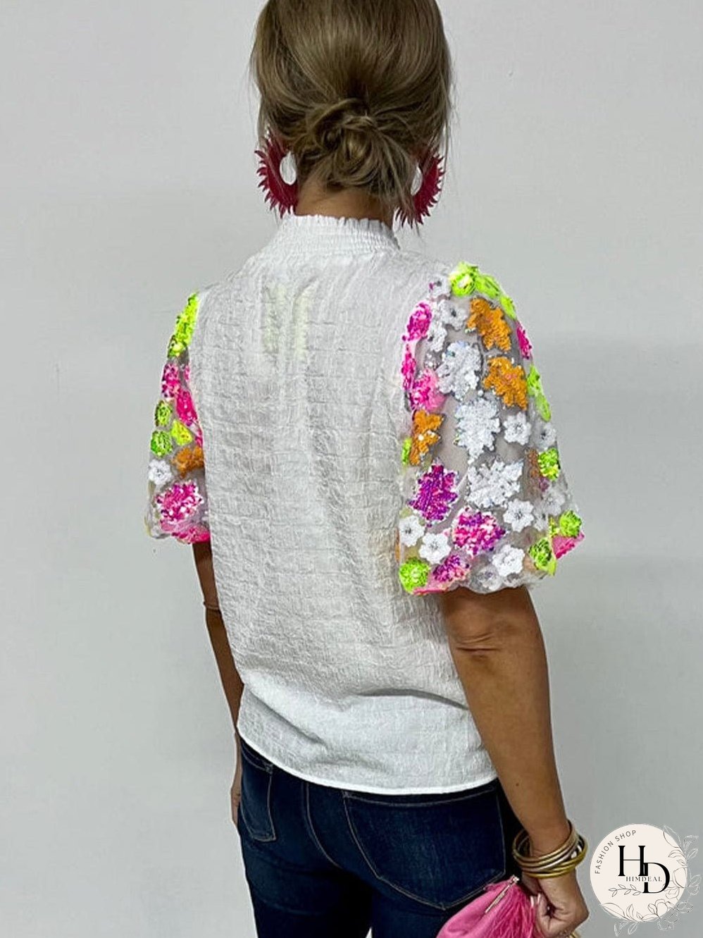 White Embroidered Puff Sleeve Top