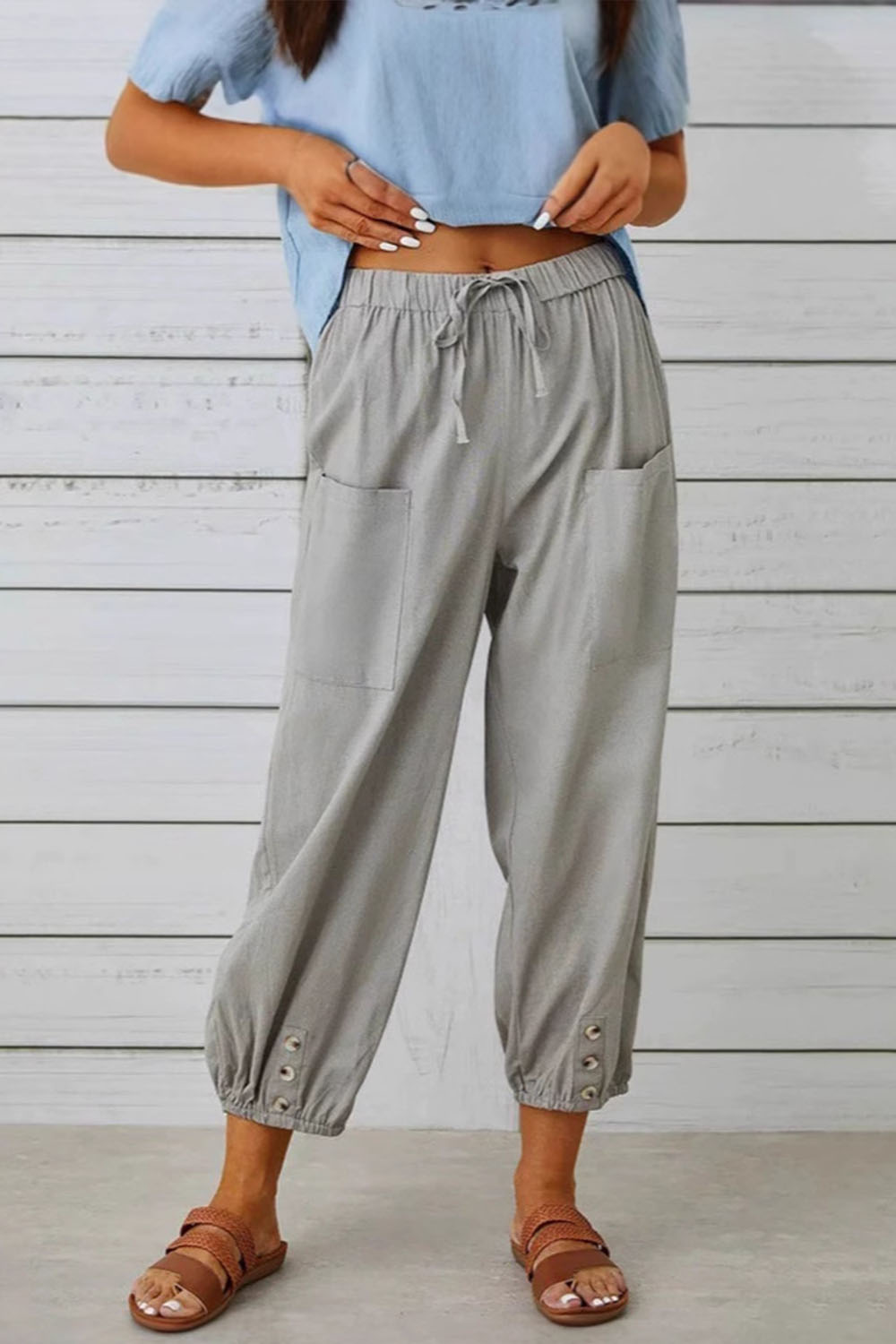 Plus Size Casual Light Gray Cotton And Linen High Rise Button Drawstring Cropped Pants 2024 - Flycurvy 