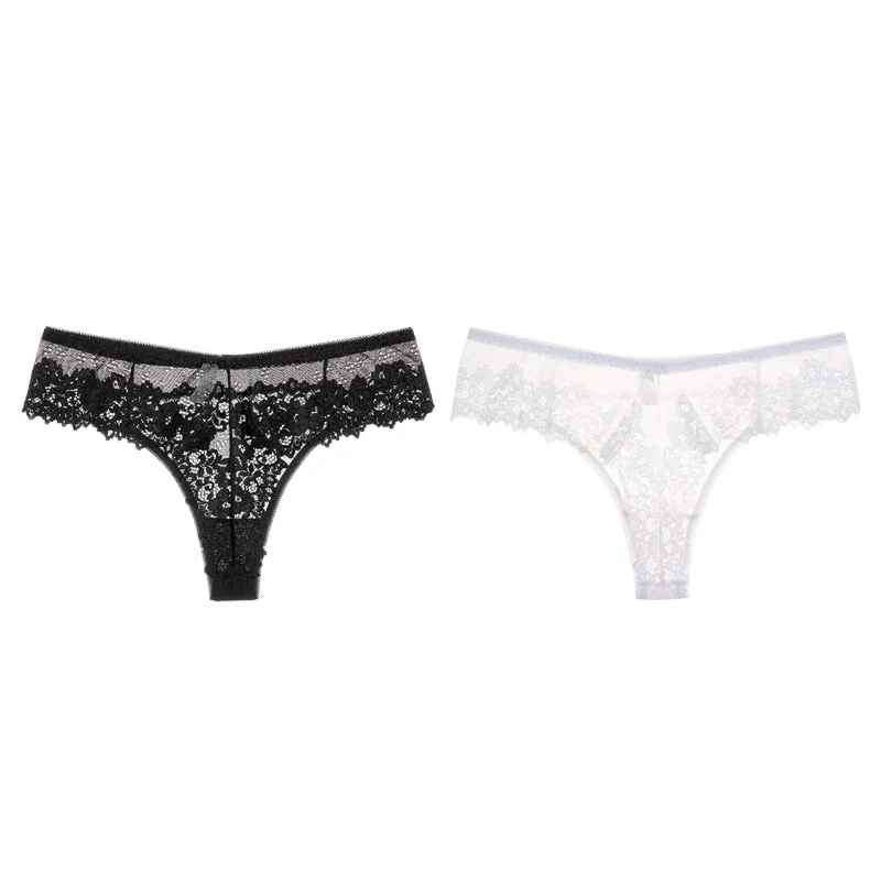 Women Sexy Lace Lingerie Temptation Low-waist Panties Embroidery Thong Transparent Hollow out Underwear 1/2Pcs