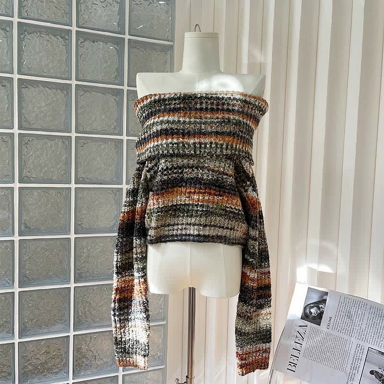 Off The Shoulder Stripe Colorblock Knit Sweater   - Modakawa modakawa
