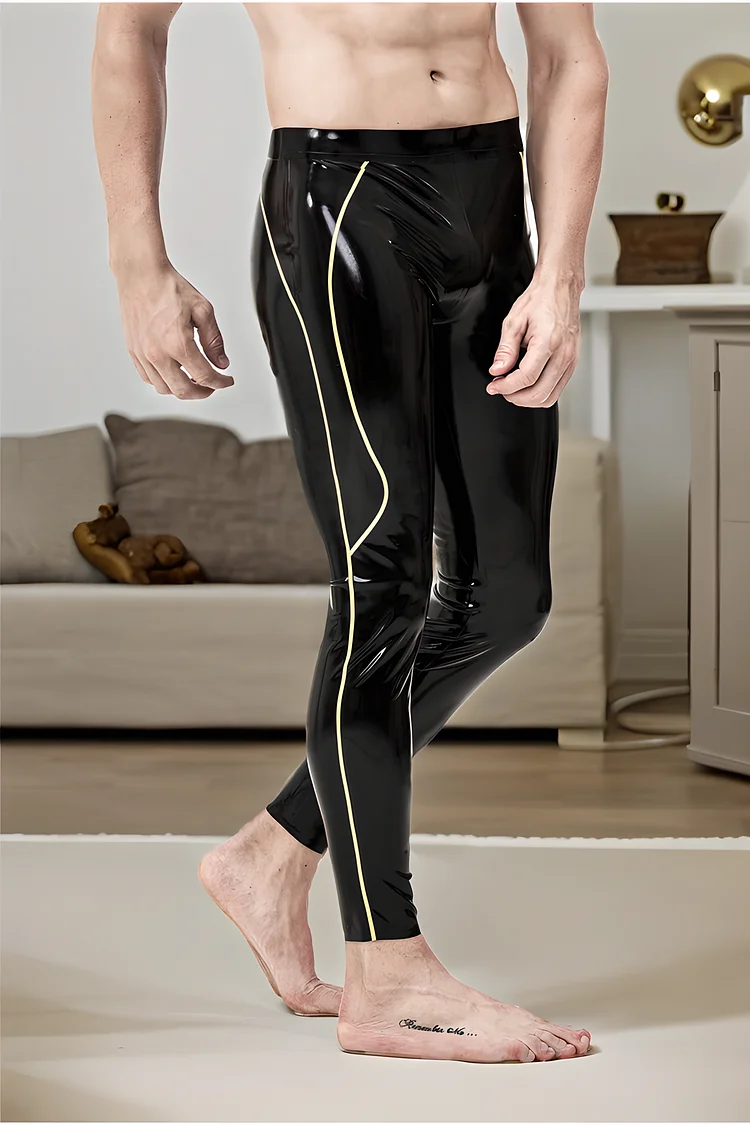 Men Latex Leggings Male Contrast Color Striped Leggings Black & Yellow Stripe Panelled Leggings