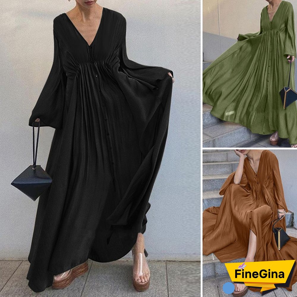 ZANZEA Women Summer V-Neck Long Sleeved Plus Size Casual Loose Long Dress Clubbing Dresses