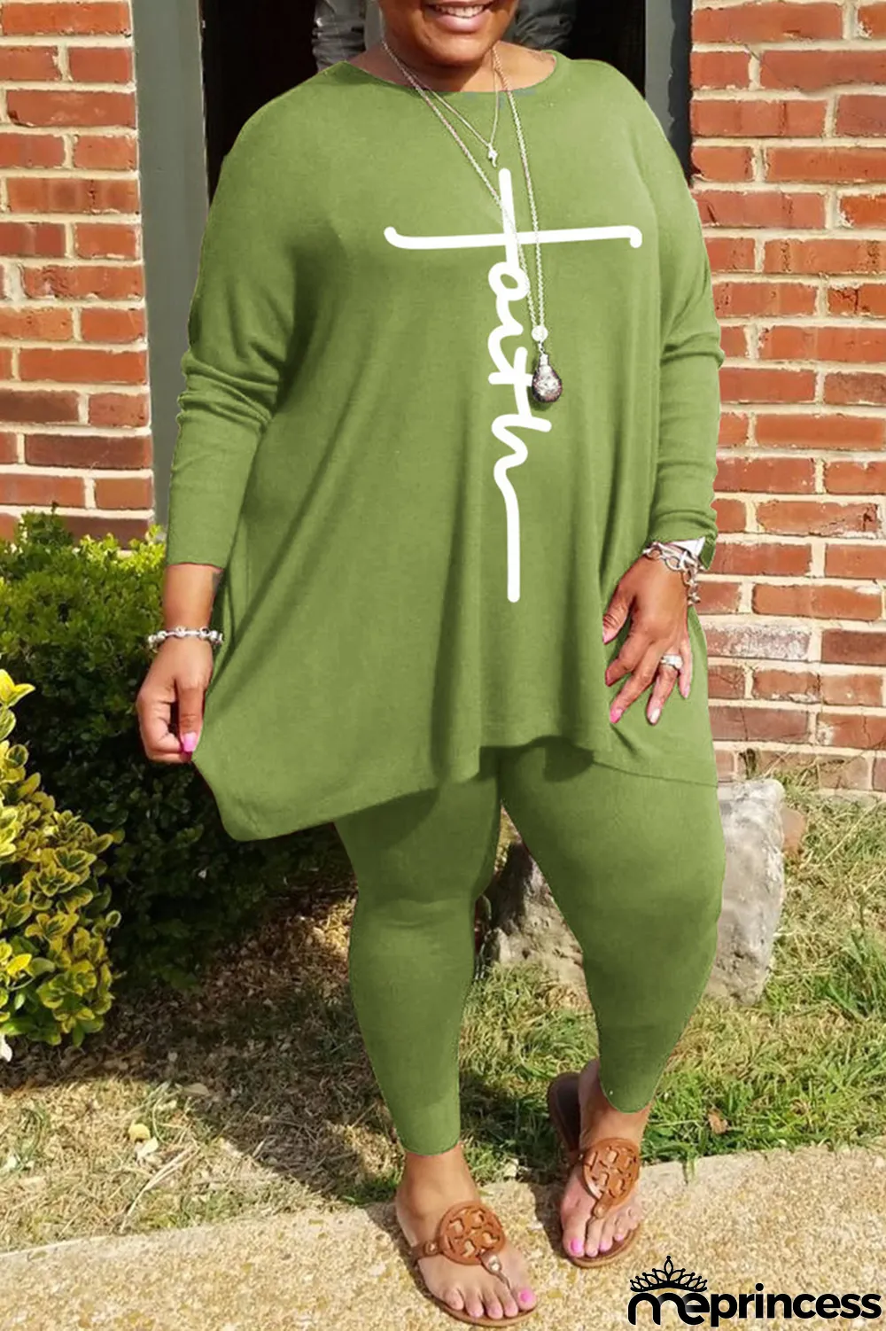 Grey Fashion Casual Print Basic O Neck Plus Size Two Pieces