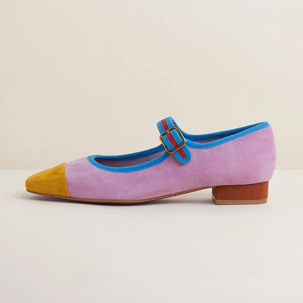 Multicolor Vegan Suede Buckle Strap Square Toe Flat Shoes for Women