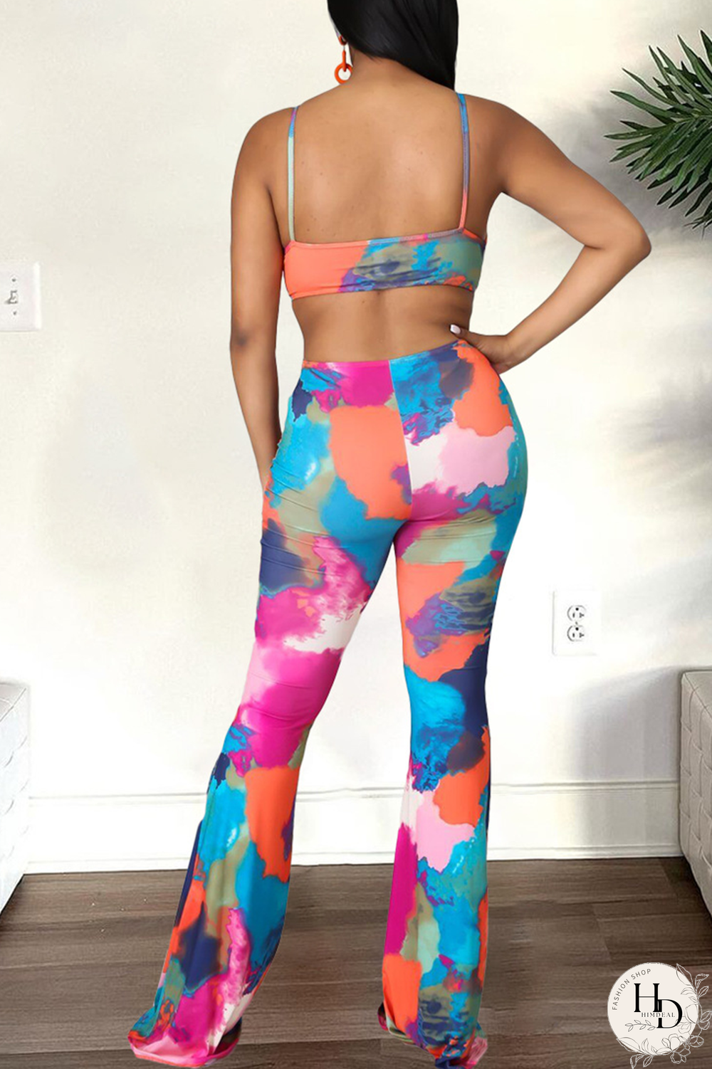 Rose Red Sexy Print Hollowed Out Spaghetti Strap Boot Cut Jumpsuits