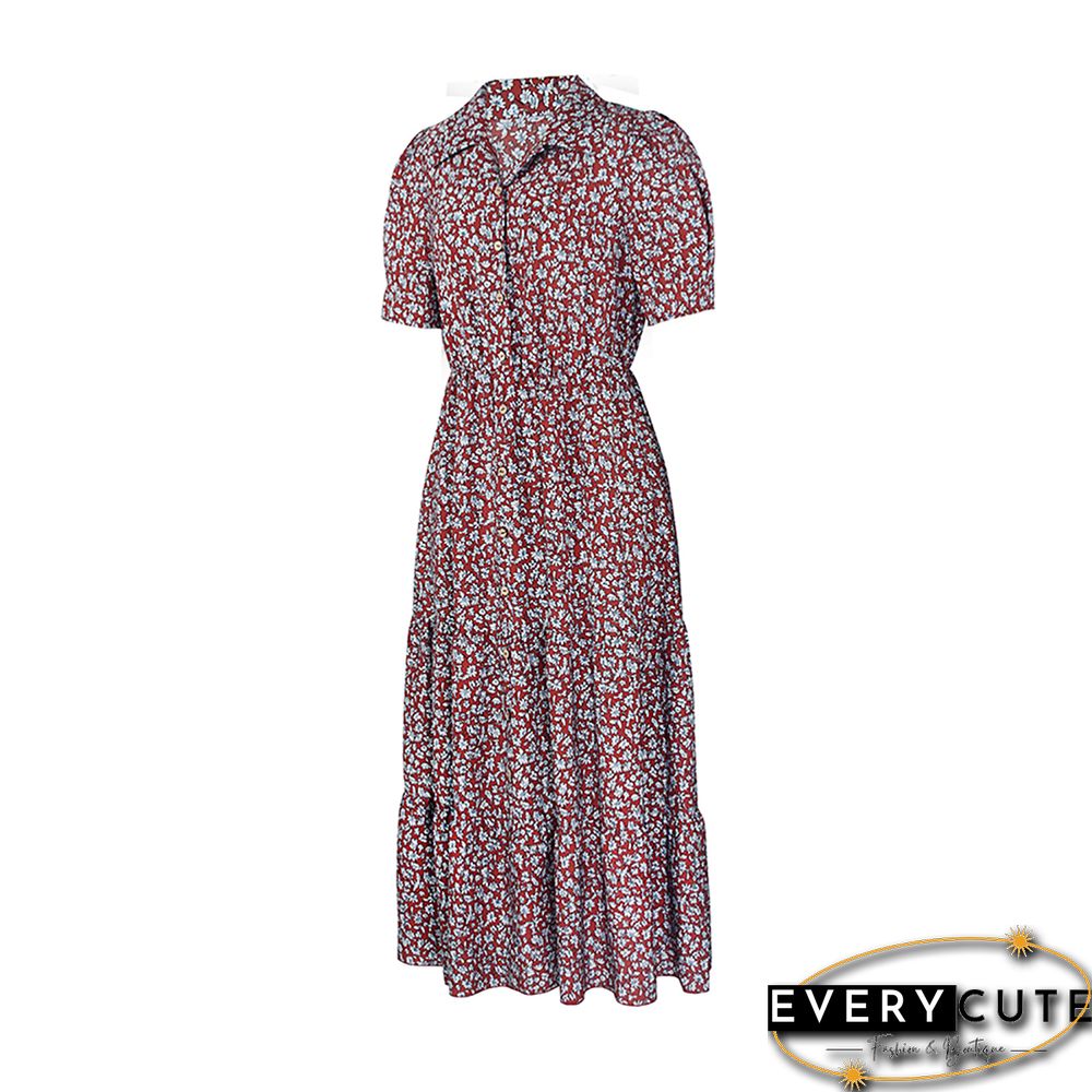 Red Button Short Sleeve Shirt Floral Dress