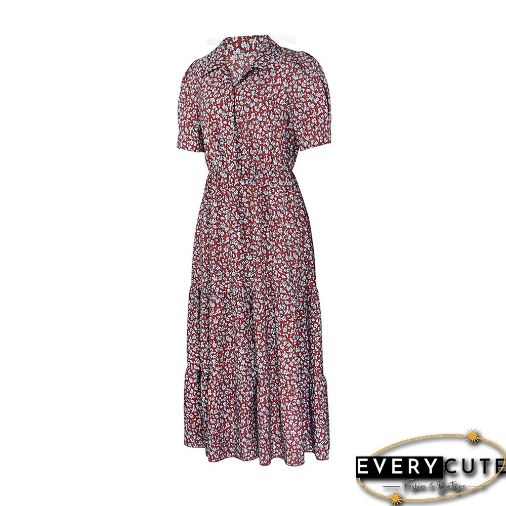 Red Button Short Sleeve Shirt Floral Dress