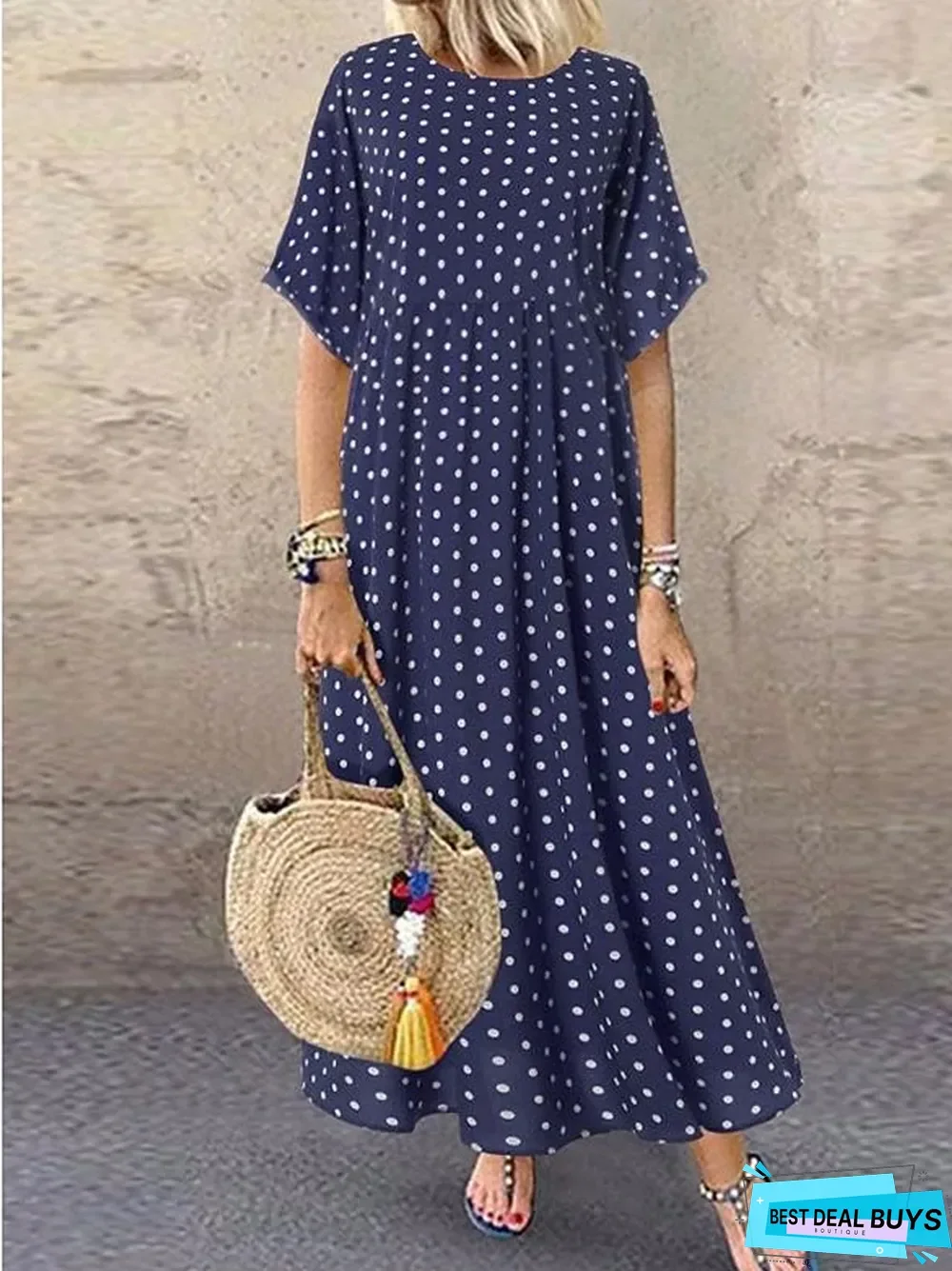 Women's Loose Maxi Long Dress - Half Sleeve Polka Dot Print Summer Hot Casual Holiday Loose Blue Yellow Wine L