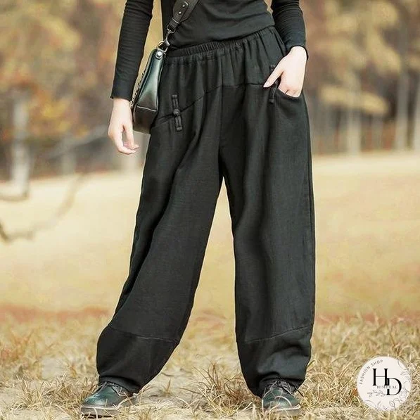 Women Black Chinese Style Wide Leg Pants Button Pockets Thick Warm Elastic Waist Trouser