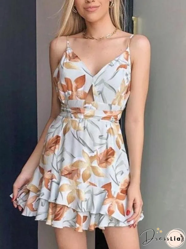 Printed V Neck Suspender Halter Sleeveless Sling Dress for Women
