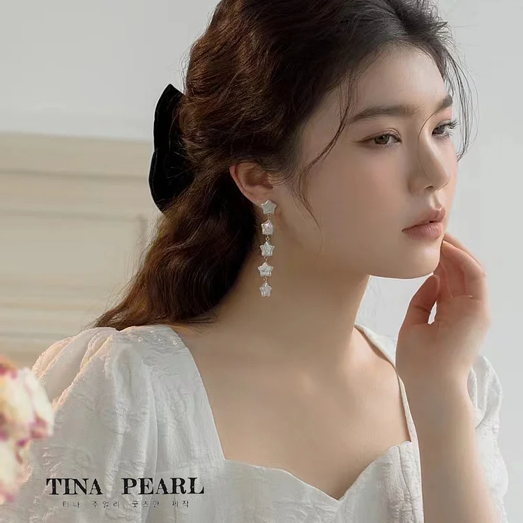 TINA Jewelry Freshwater star pearl long earrings+18k gold