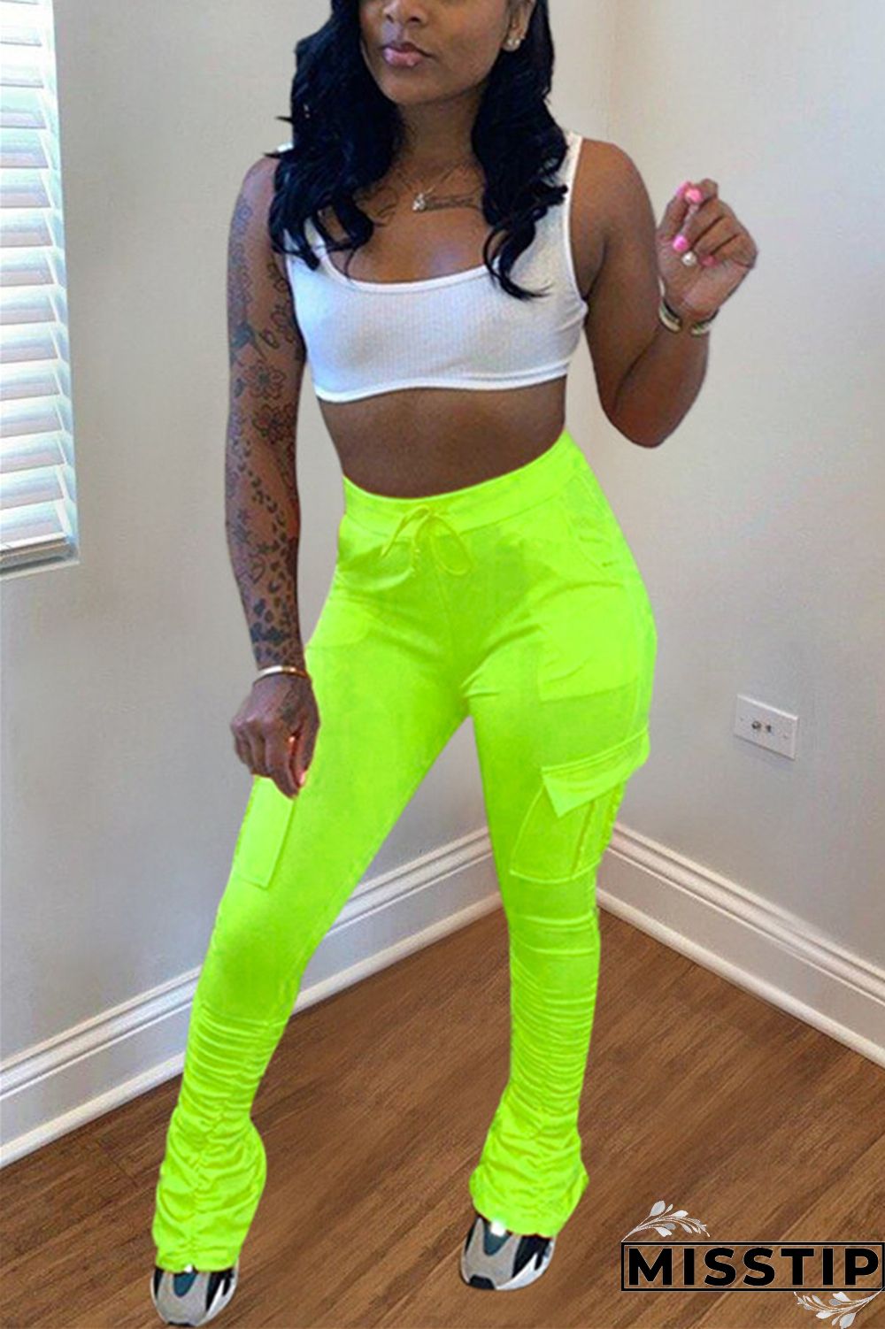 Fluorescent green Drawstring High Solid Pocket Draped Boot Cut Pants Bottoms