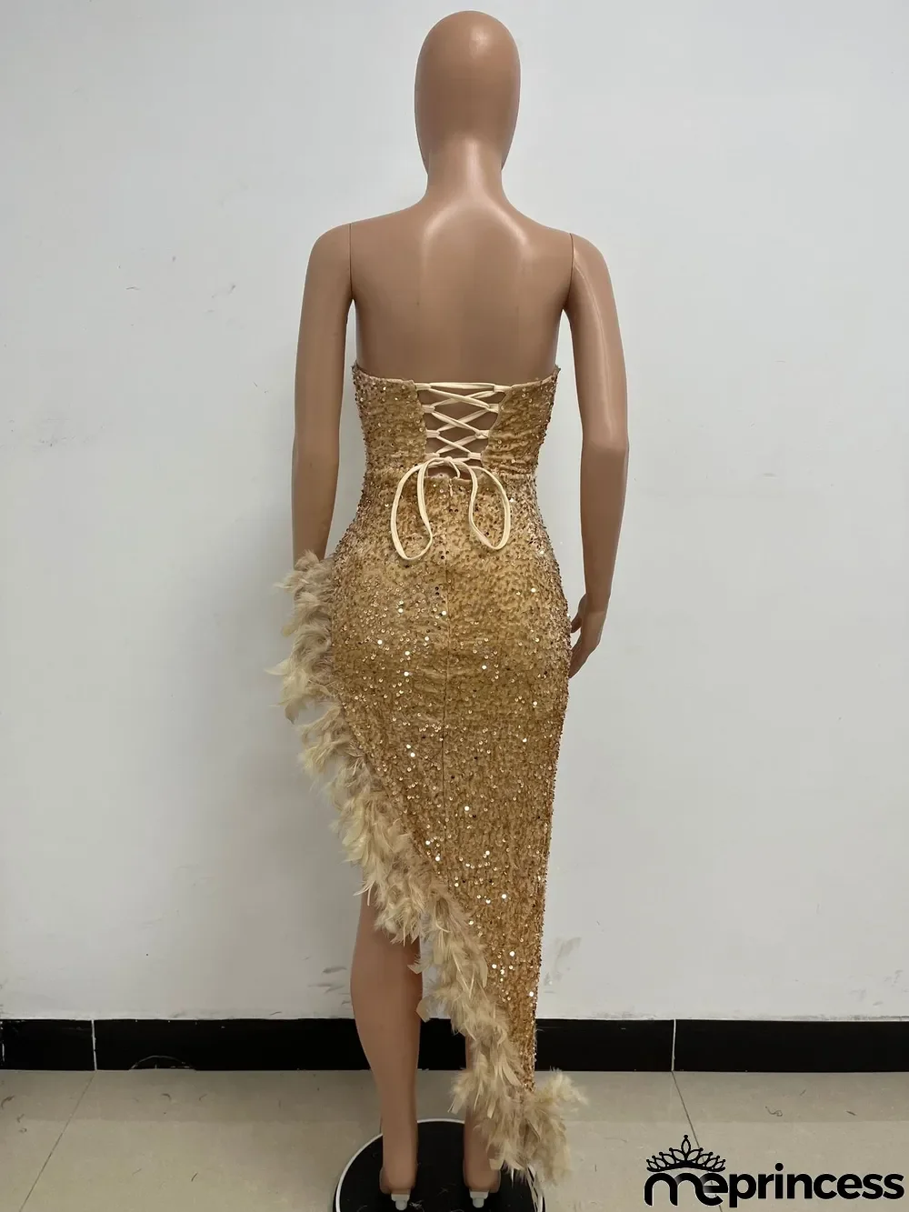 Women Sexy Off Shoulder Backless Sequin Feather Dress