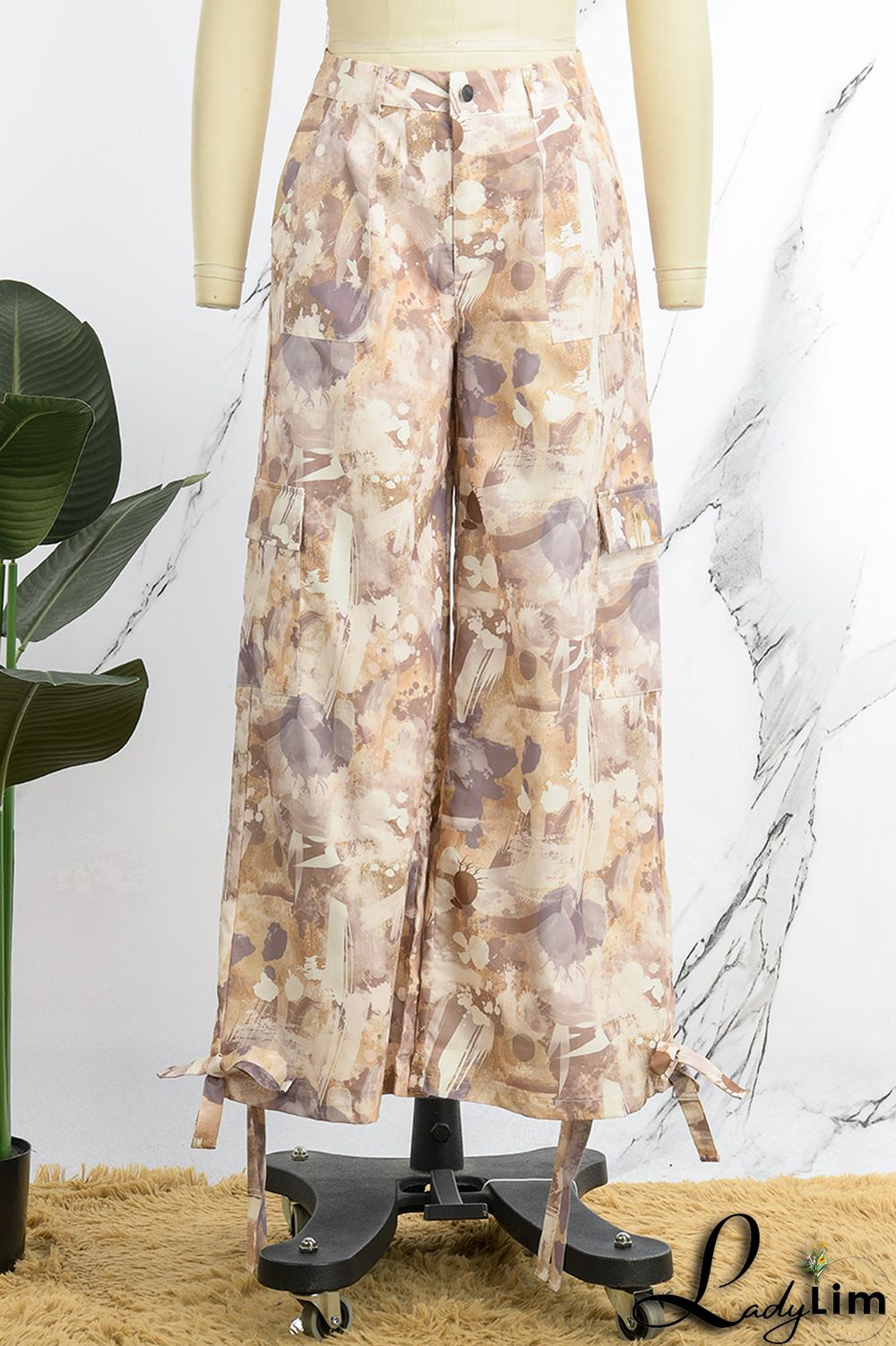 Army Green Street Print Bandage Patchwork Straight Straight Full Print Bottoms