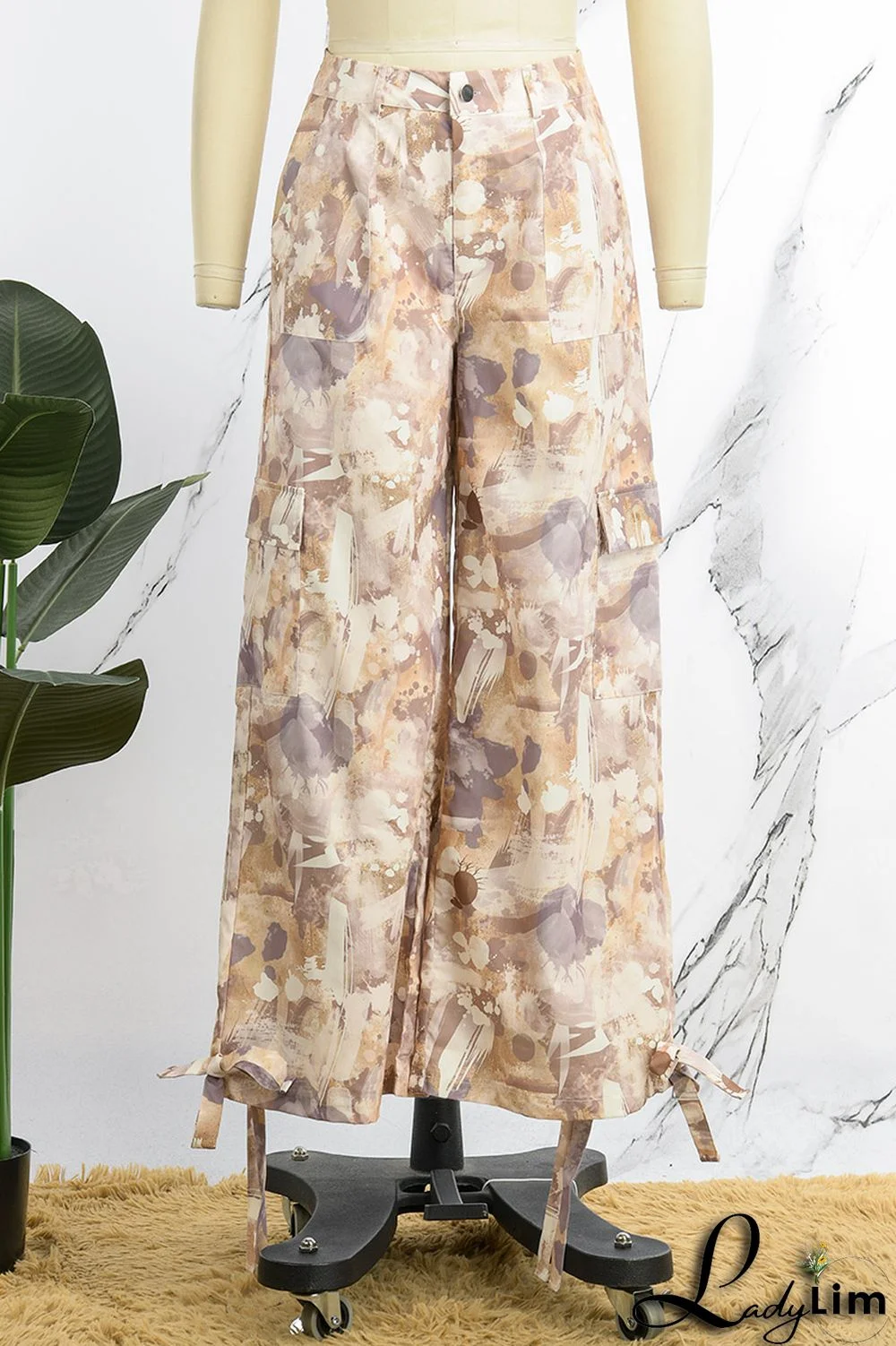 Army Green Street Print Bandage Patchwork Straight Straight Full Print Bottoms