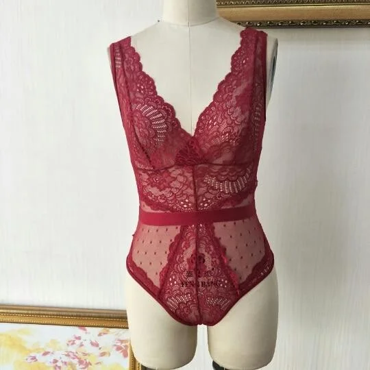 Floral Embroidery Deep V Neck Sexy Bodysuit