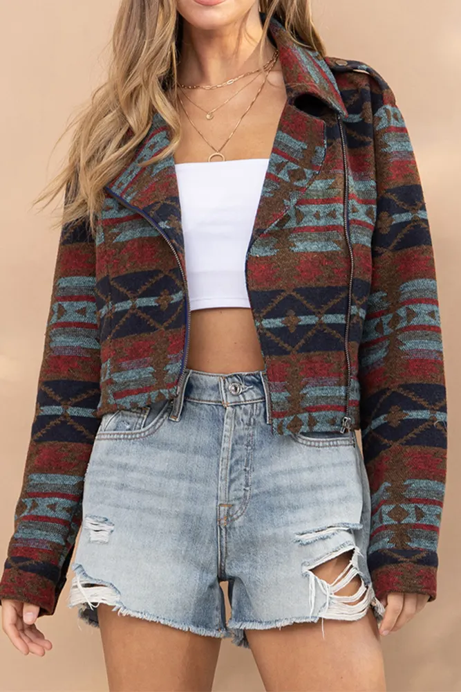 Aztec Print Lapel Pockets Short Jacket Coat