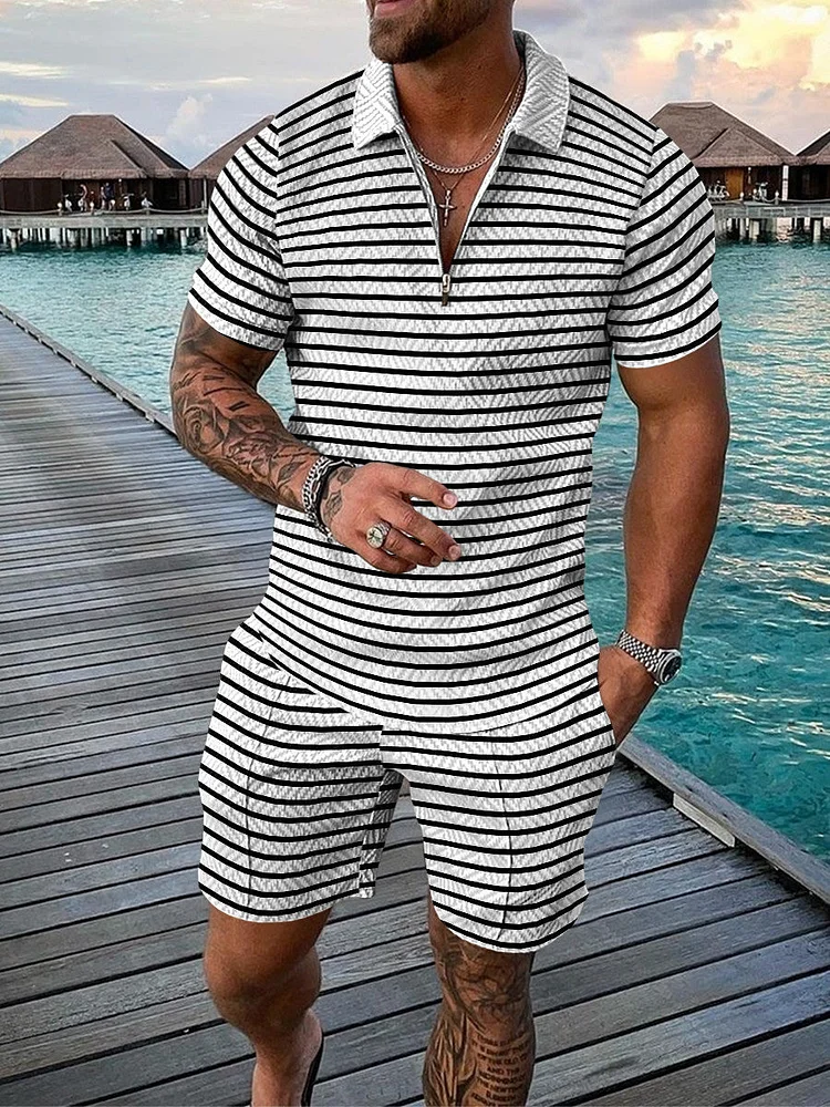 Men's Stripe Zip Polo Shirt and Shorts Two-Piece Suits