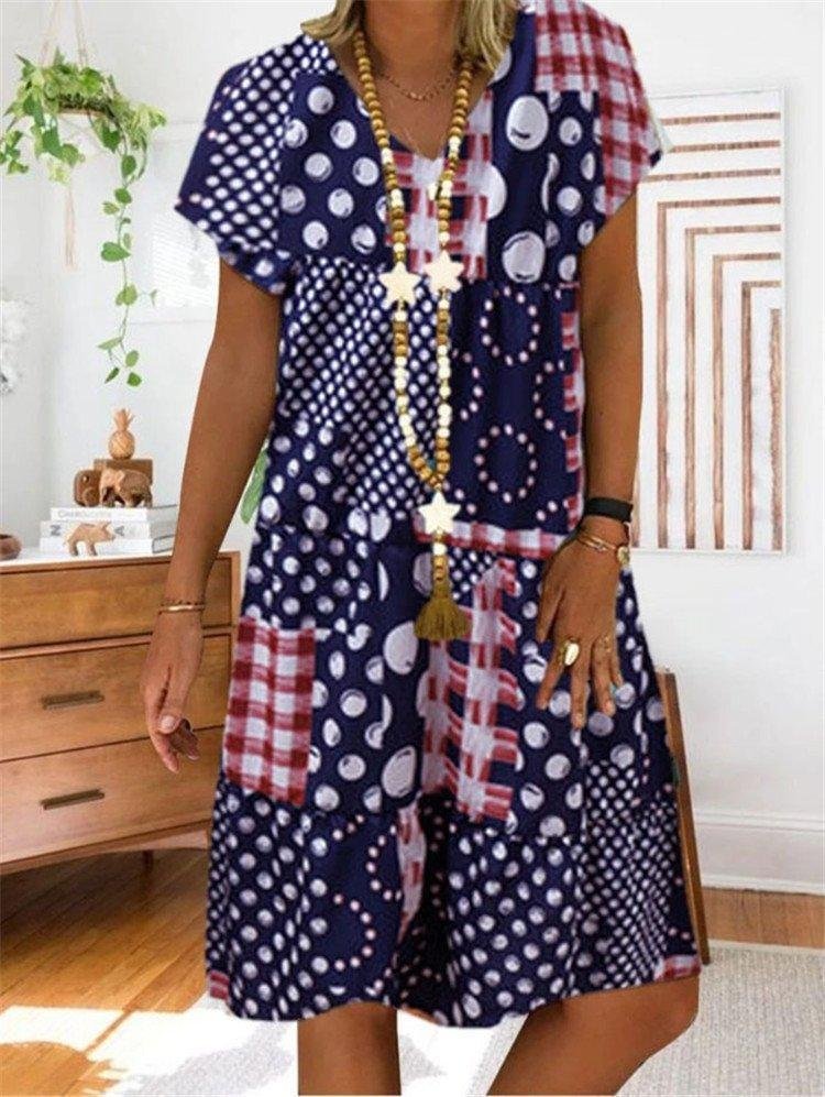 Casual V-Neck Patchwork Print Dresses