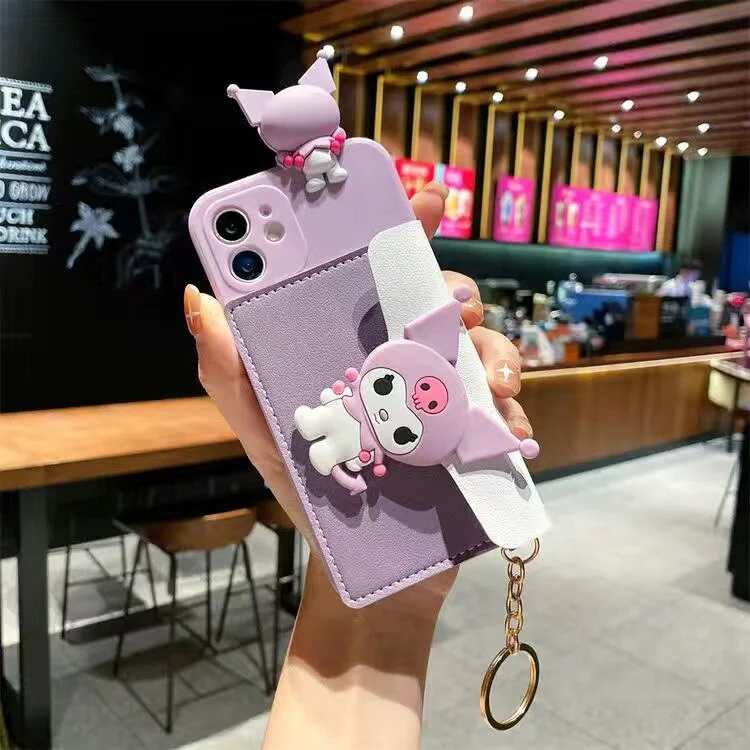 Sanrio Kuromi Cartoon Mobile Case With Wallet lanyard For iPhone 14 13 12 11 Pro Max Mini XR XS MAX 8 X 7 Anti-drop Soft Cover