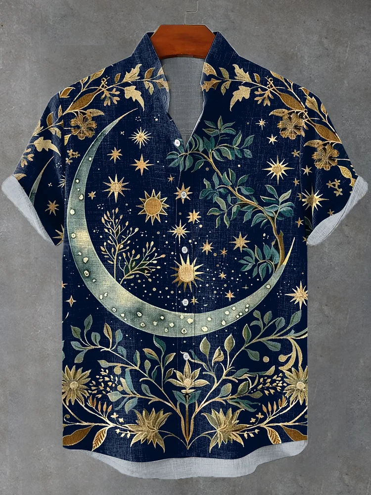 Men's Boho Sun And Moon Mysterious Spiritual Art Print Linen Blend Shirt