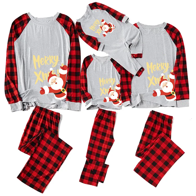 Merry Christmas Santa Cartoon Print Red Plaid Family Matching Pajamas Sets(Gray)