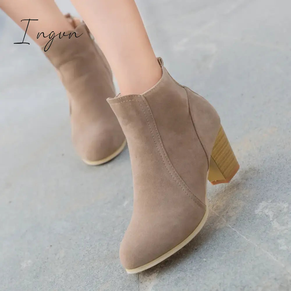 Ingvn - Elegant Slip On Chunky Heel Ankle Boots Apricot / 5