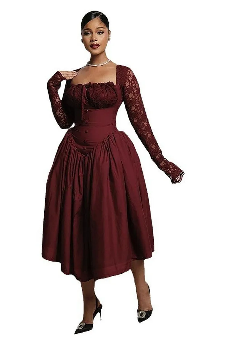 Cotton Midi Dress Featuring Square Neck and Lace Detailing